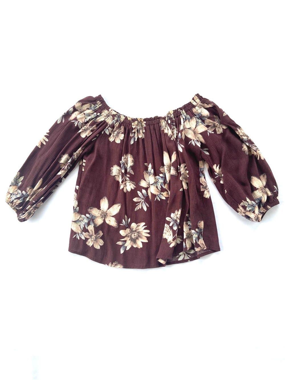 ONE Clothing Floral Boho Off The Shoulder Top Brown Long Sleeve Blouse, Size XS